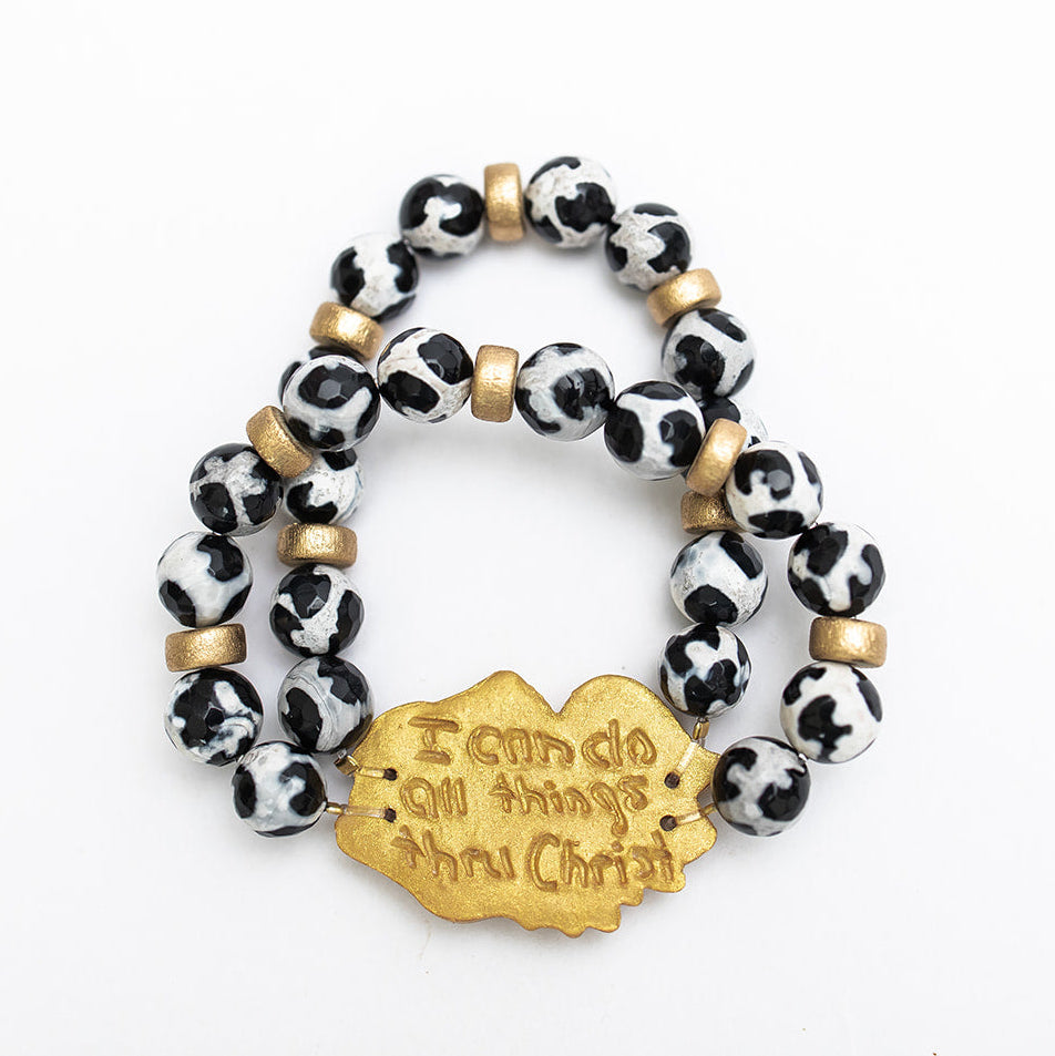 Black and White Tibetan Agate Double Gamecock Bracelet