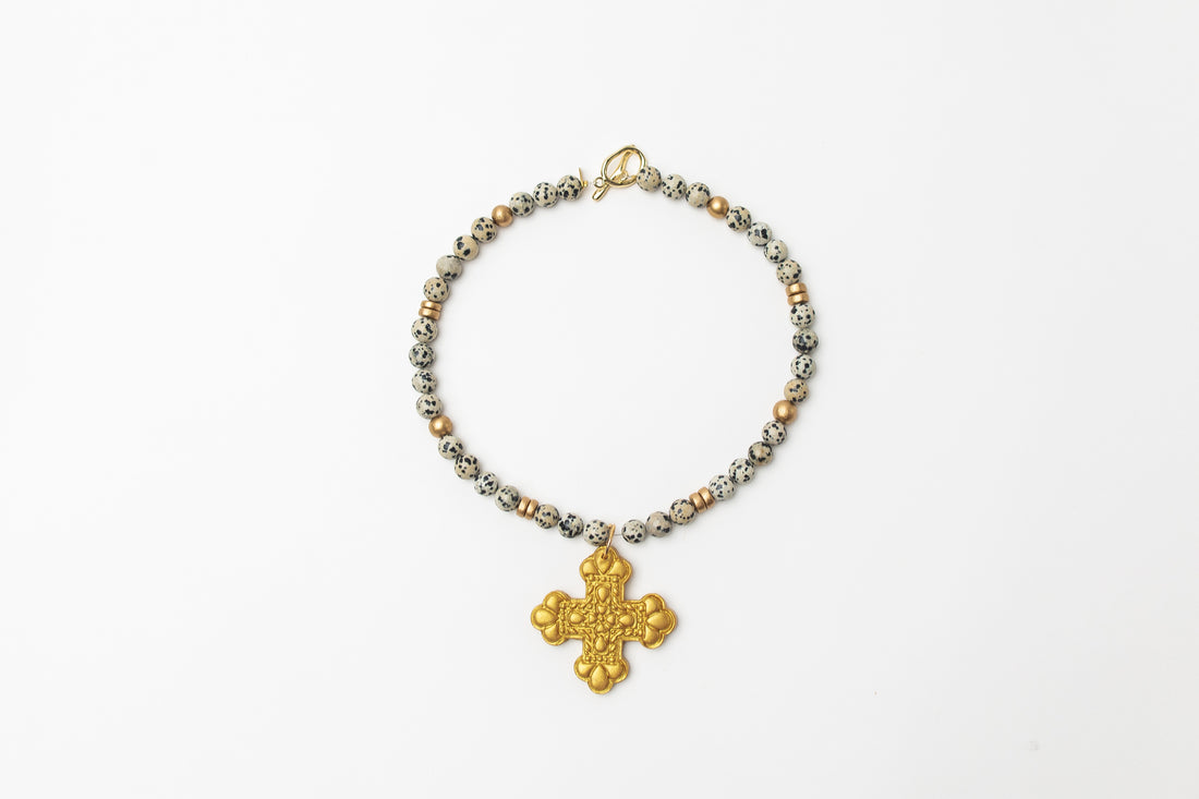 18" Dalmatian Jasper with Crown Cross