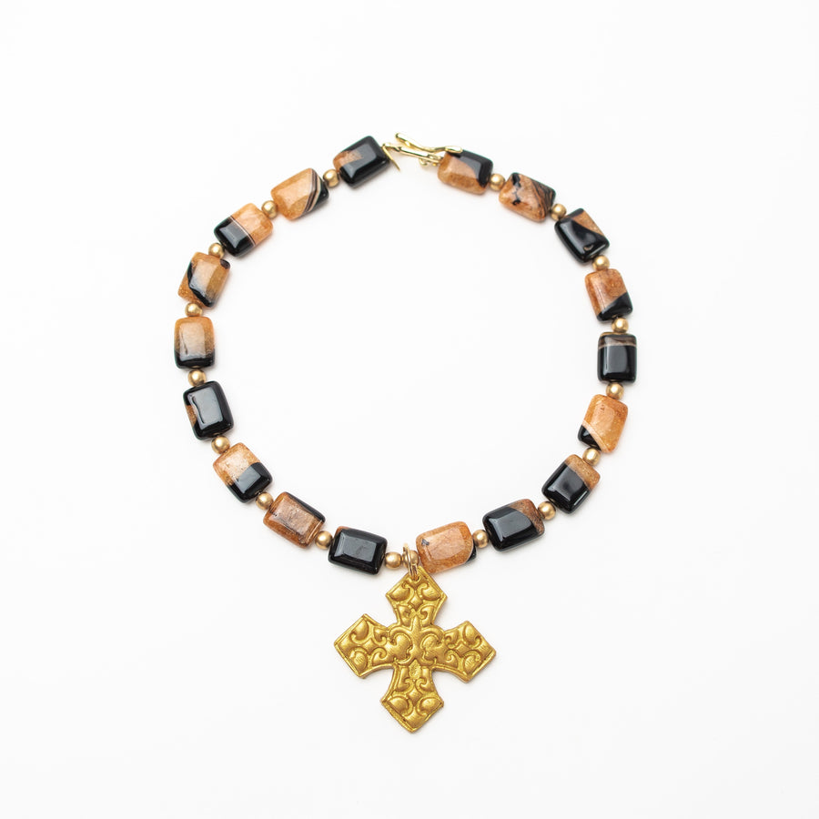 18" Black and Tan Agate with Elaina Cross