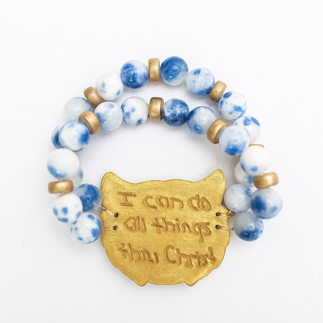 Blue and White Jade Double Strand Wildcat Bracelet