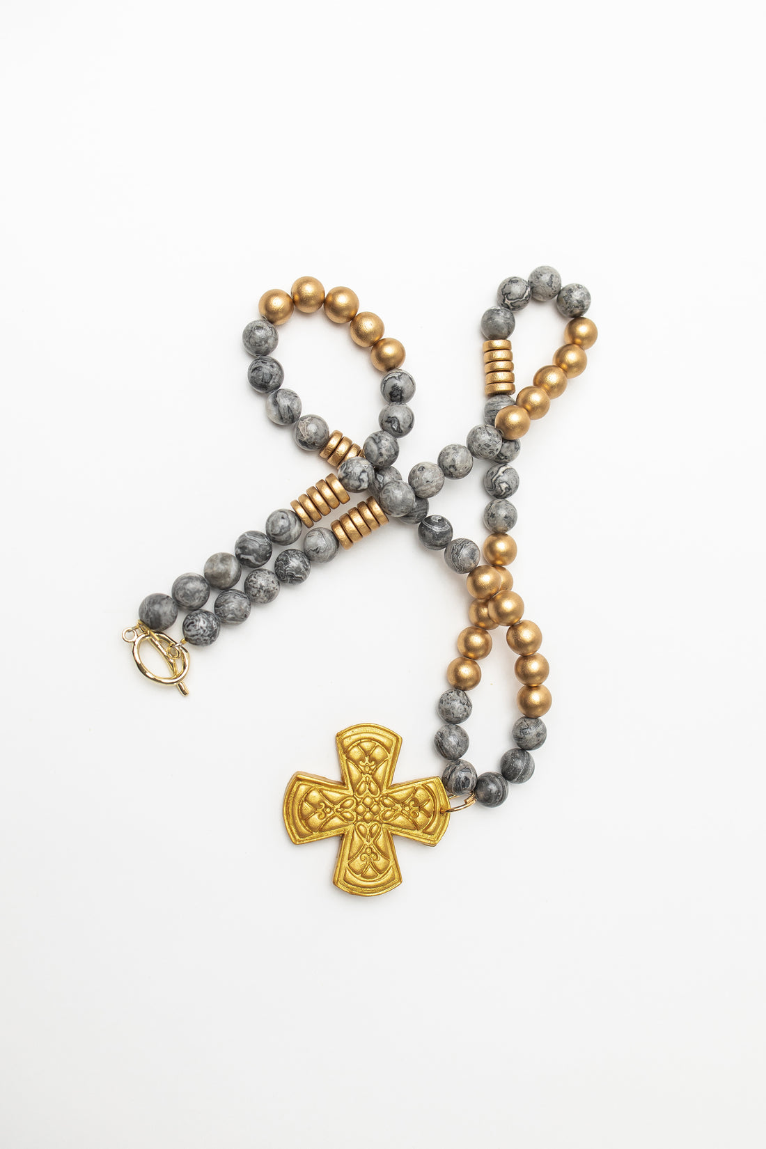 34" Gray Map Jasper with Kristin Cross