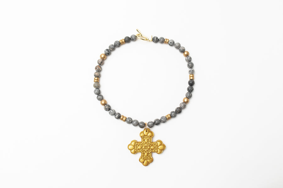 18" Gray Map Jasper with Crown Cross