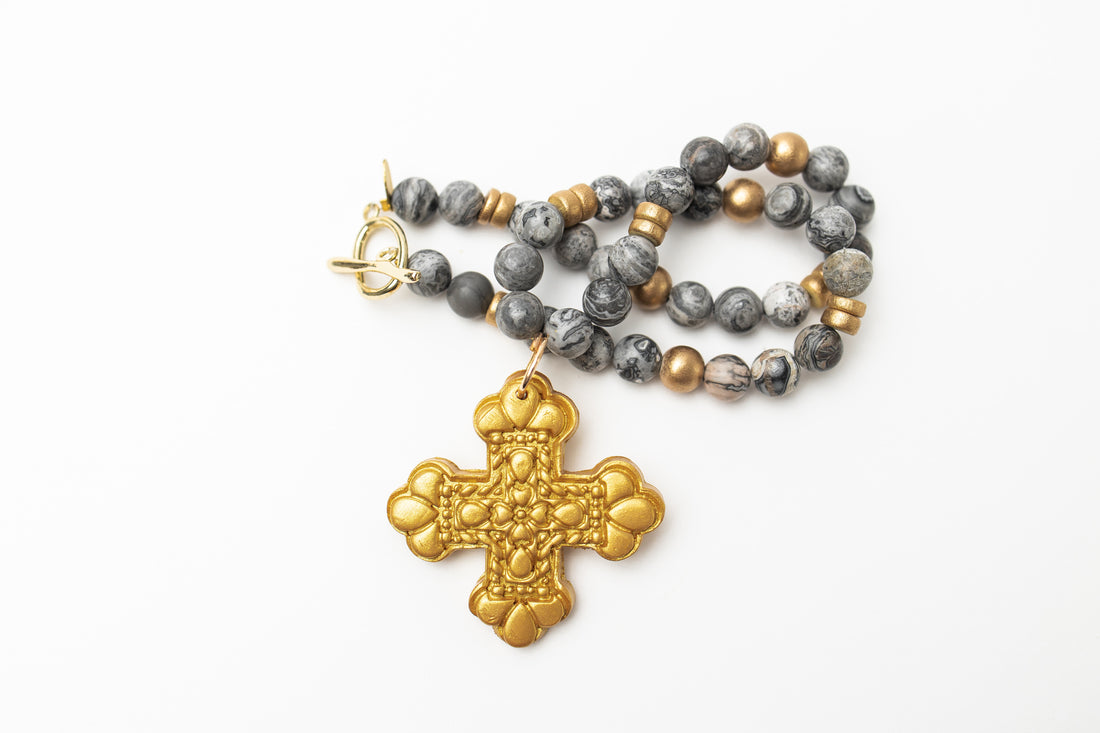 18" Gray Map Jasper with Crown Cross