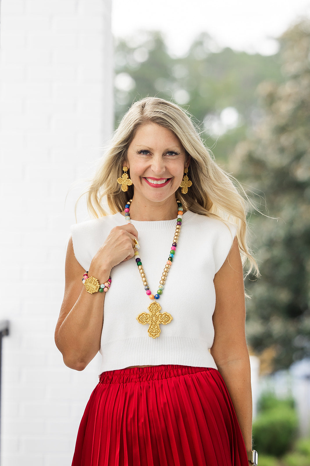 Multicolored Jade Double Strand with Jerusalem Cross Bracelet