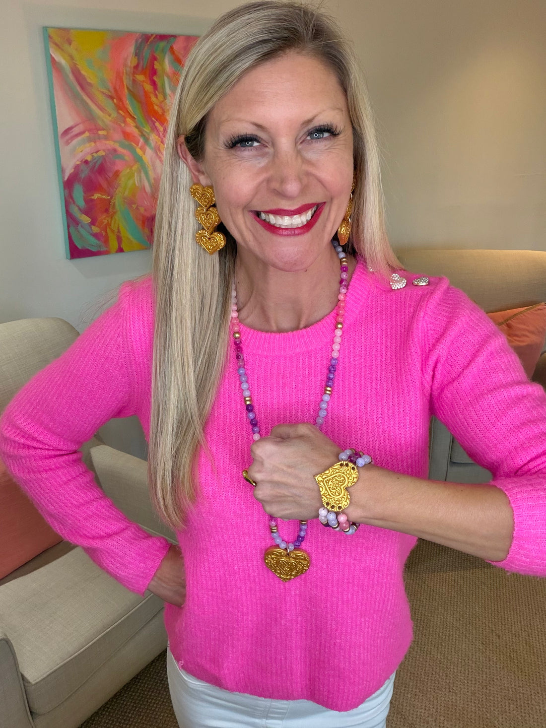 Pink and Purple Triple Strand Heart Bracelet