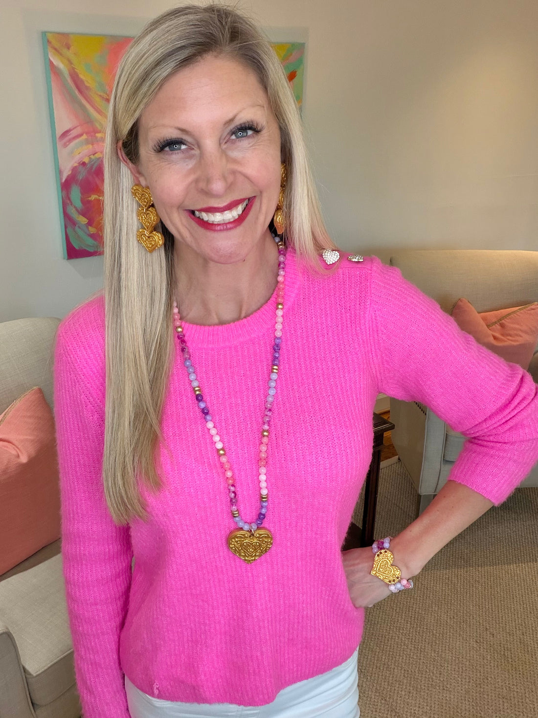 Pink and Purple Triple Strand Heart Bracelet