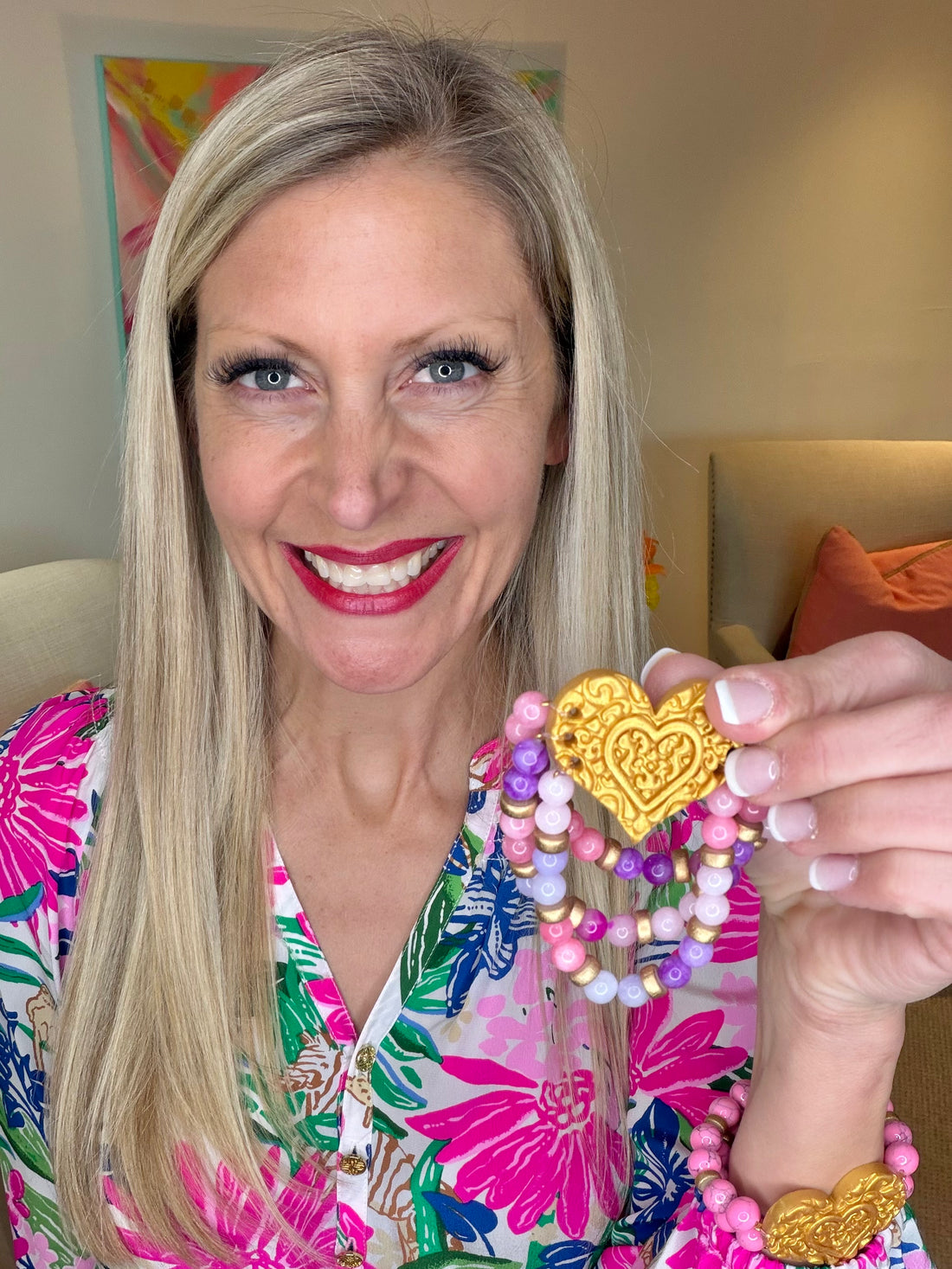 Pink and Purple Triple Strand Heart Bracelet
