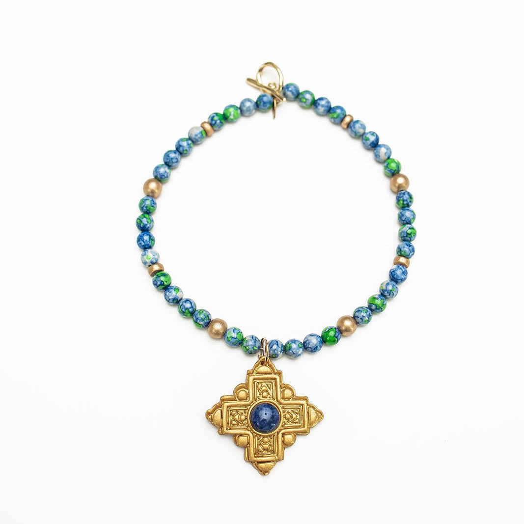 18" Blue and Green Rainflower Jasper with Ellie Cross