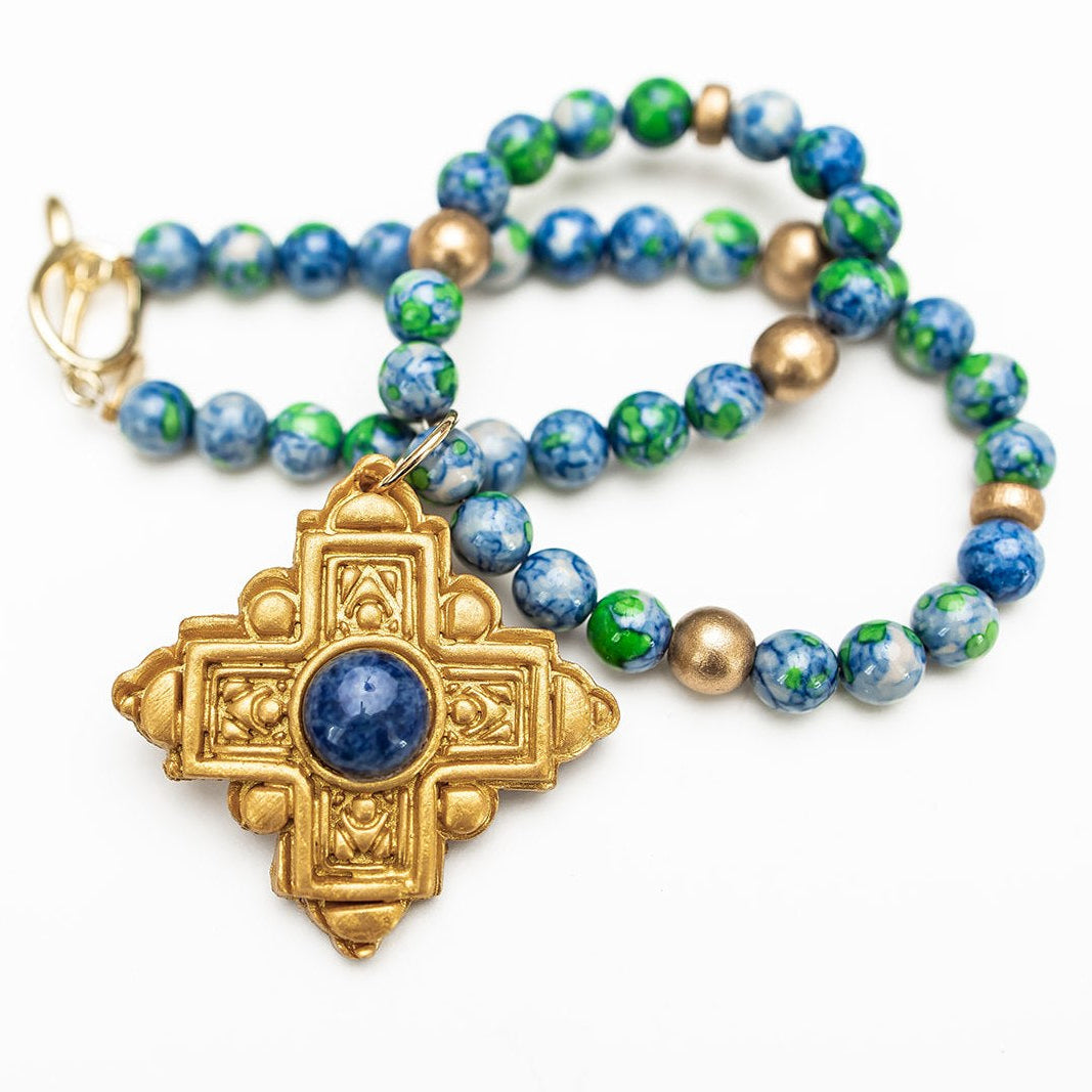 18" Blue and Green Rainflower Jasper with Ellie Cross