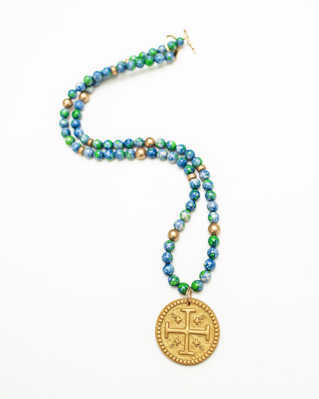 34" Blue and Green Rainflower Jasper with Hannah Cross