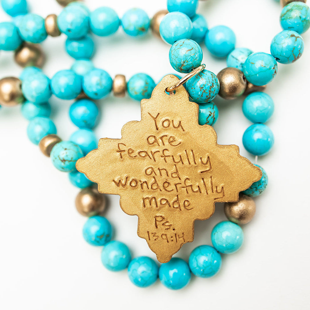 18" Double Strand Turquoise Jade with Ellie Cross