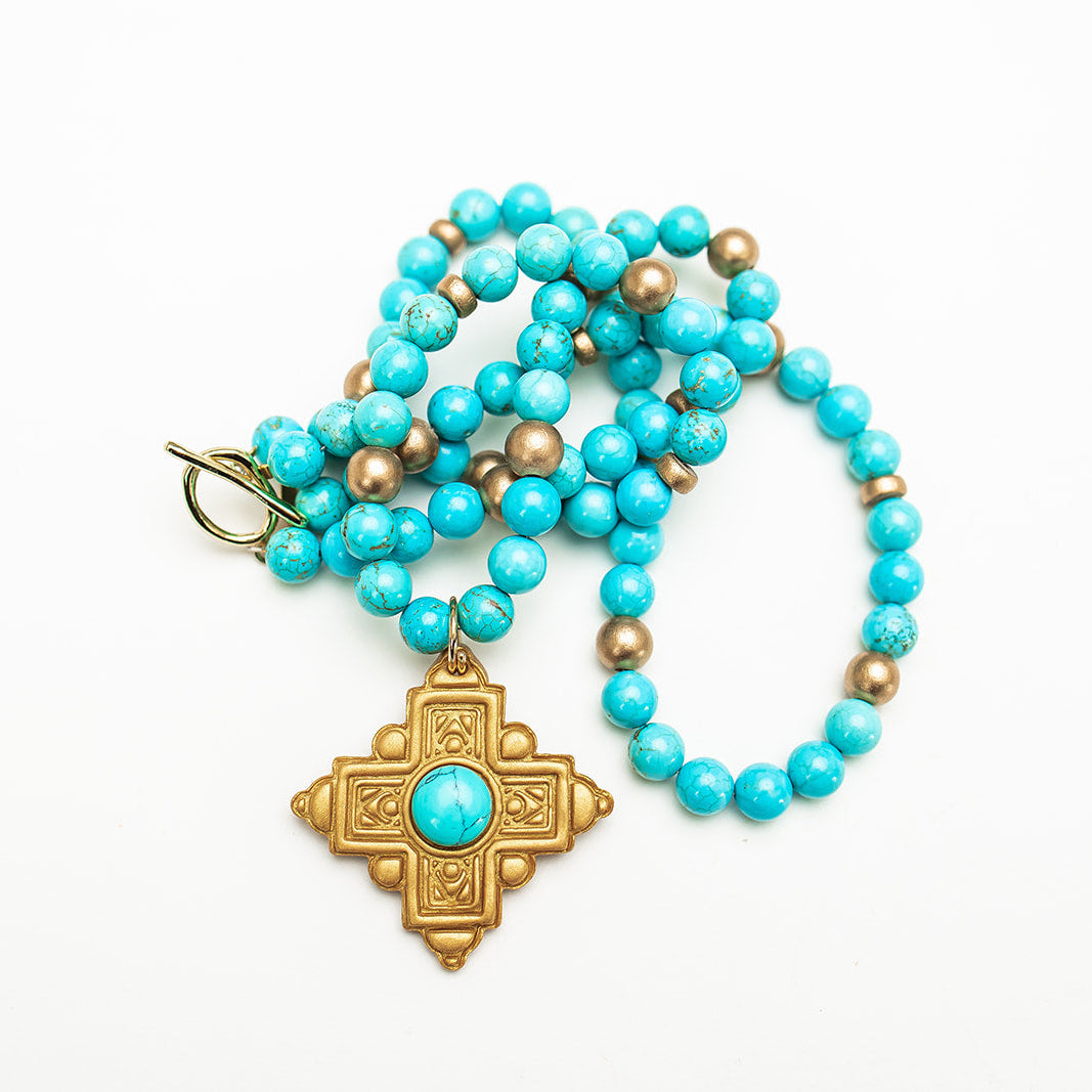 18" Double Strand Turquoise Jade with Ellie Cross