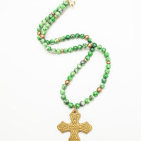 34" Green and Blue Rainflower Jasper with Sarah Cross
