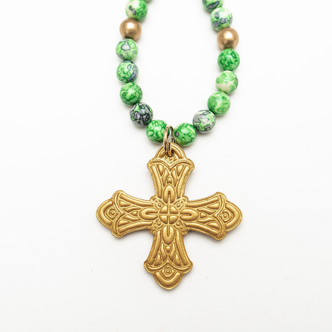34" Green and Blue Rainflower Jasper with Sarah Cross