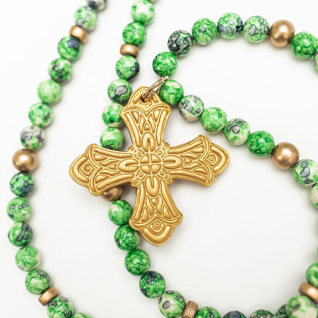 34" Green and Blue Rainflower Jasper with Sarah Cross