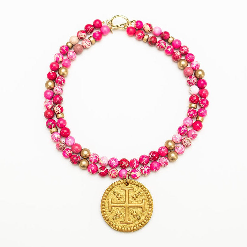 18" Double Pink Sea Jasper with Hannah Cross