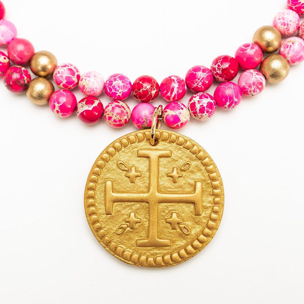 18" Double Pink Sea Jasper with Hannah Cross