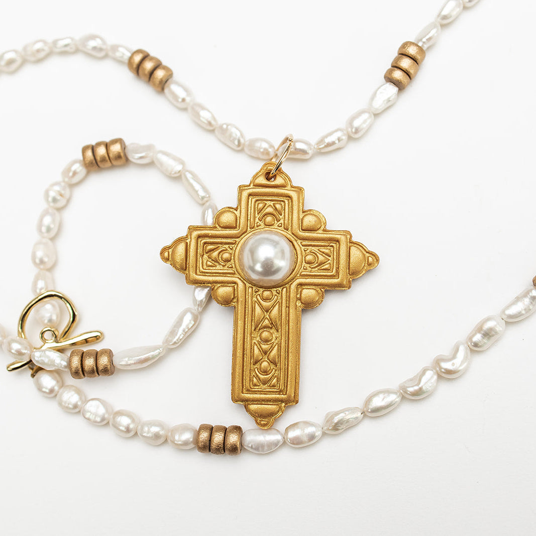 34" Freshwater Pearls with Mary Pearl Cross