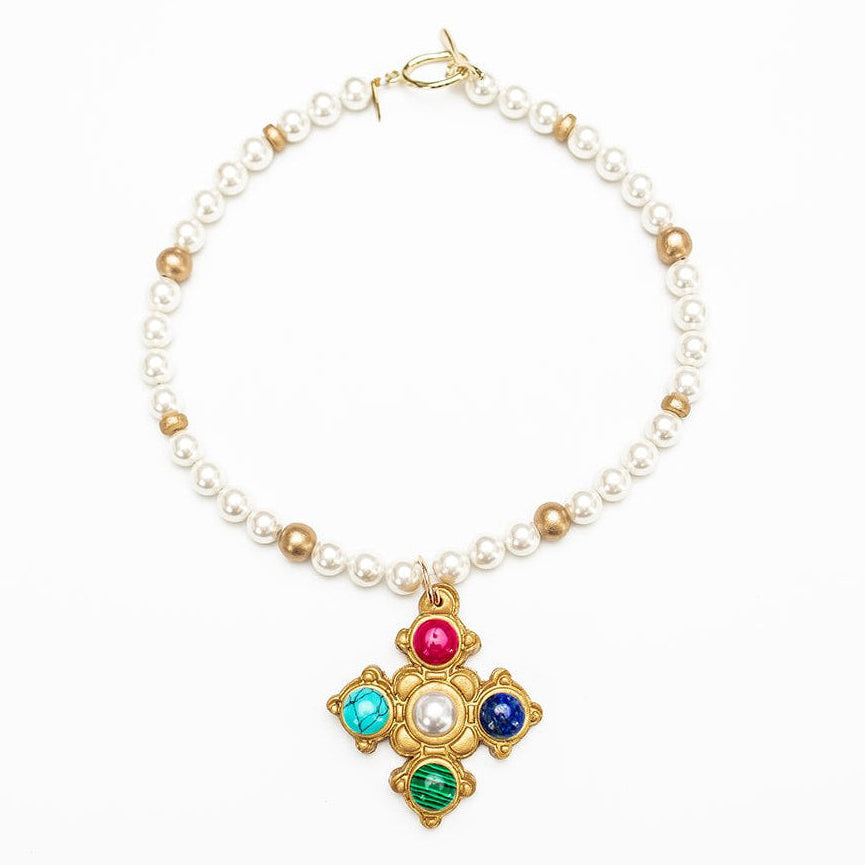 18" Pearls with Multi Gem Esther Cross