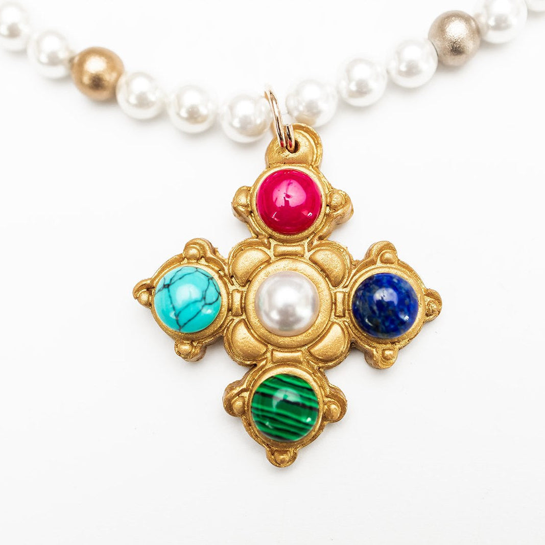 18" Pearls with Multi Gem Esther Cross