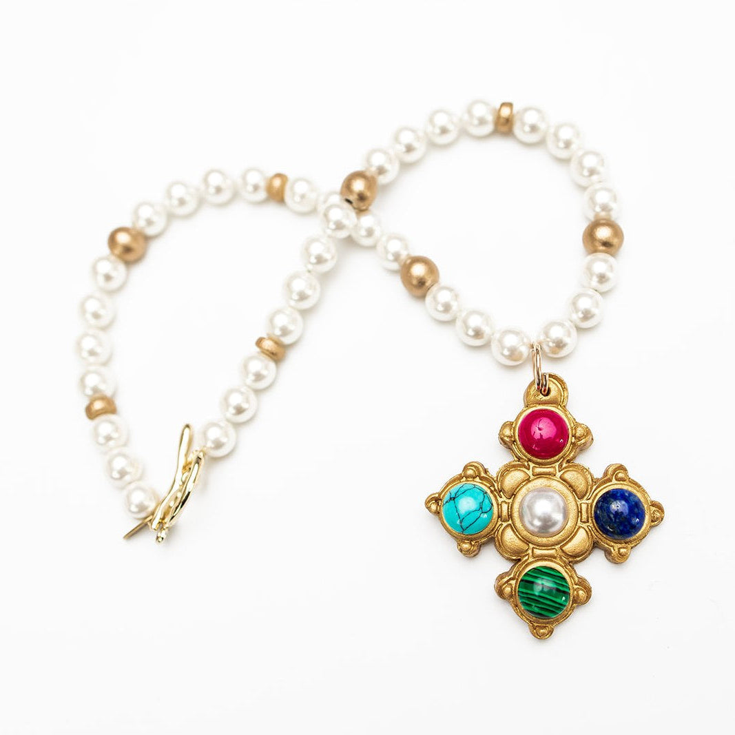 18" Pearls with Multi Gem Esther Cross