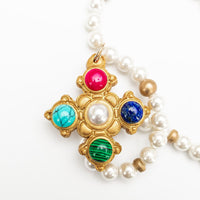 18" Pearls with Multi Gem Esther Cross