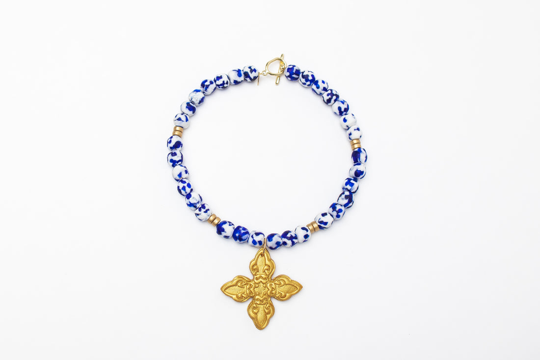 Cobalt Blue & White African Glass with Kait Cross