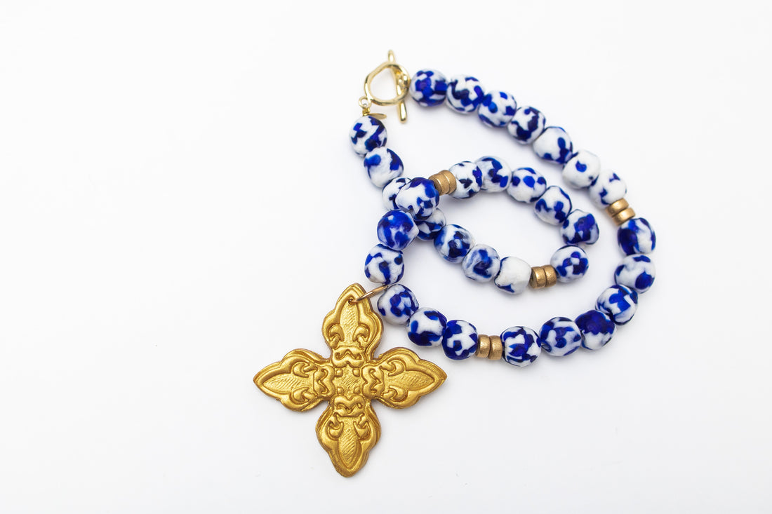 Cobalt Blue & White African Glass with Kait Cross