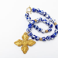 Cobalt Blue & White African Glass with Kait Cross