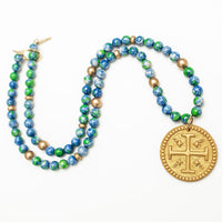 34" Blue and Green Rainflower Jasper with Hannah Cross