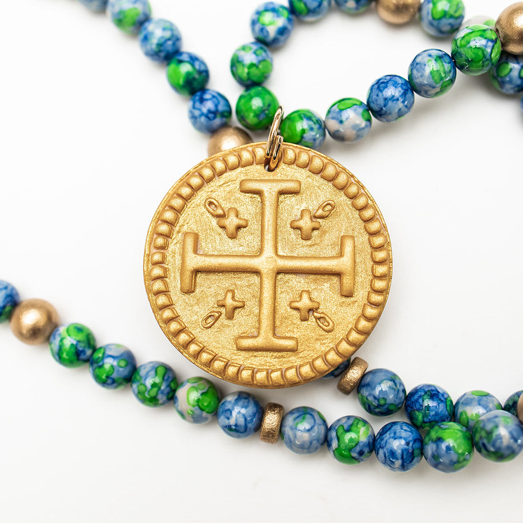 34" Blue and Green Rainflower Jasper with Hannah Cross