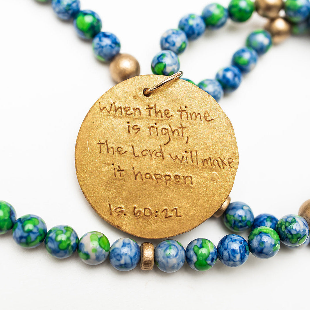 34" Blue and Green Rainflower Jasper with Hannah Cross