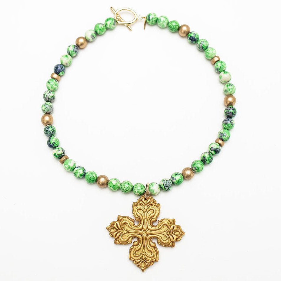 18" Green and Blue Rainflower Jasper with April Cross