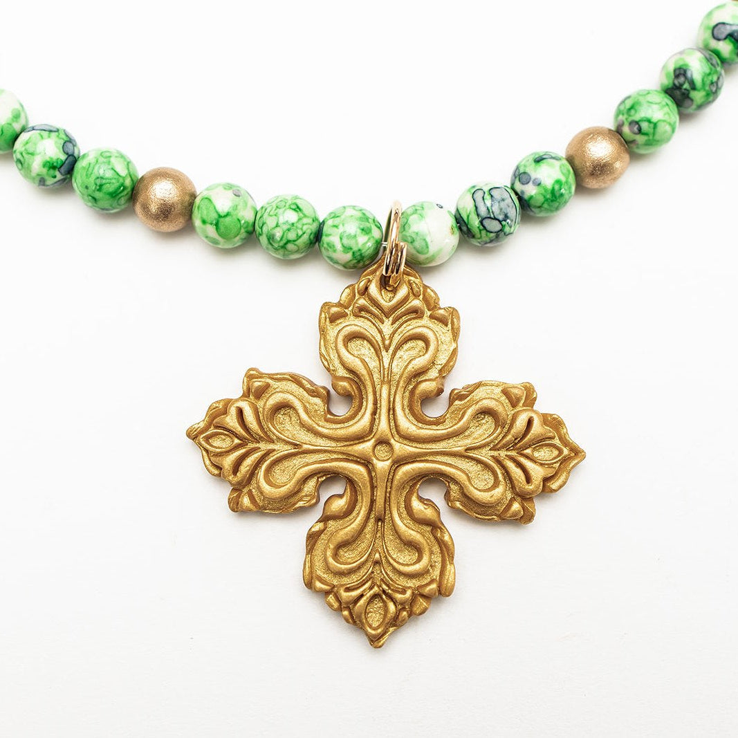 18" Green and Blue Rainflower Jasper with April Cross
