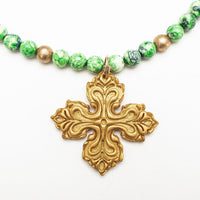 18" Green and Blue Rainflower Jasper with April Cross