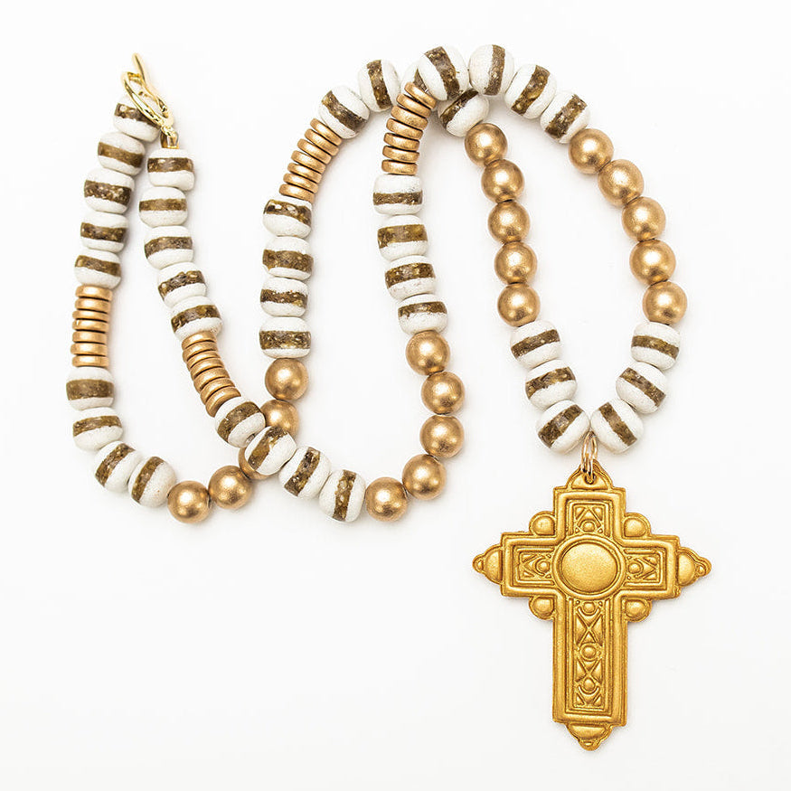 34" White Gold Glass with Mary Cross
