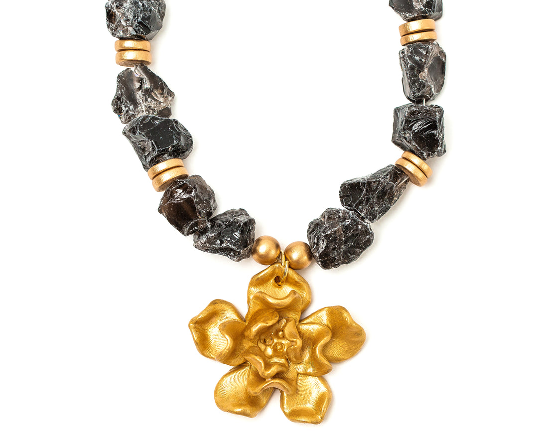 Smokey Quartz with Camellia Blossom Necklace