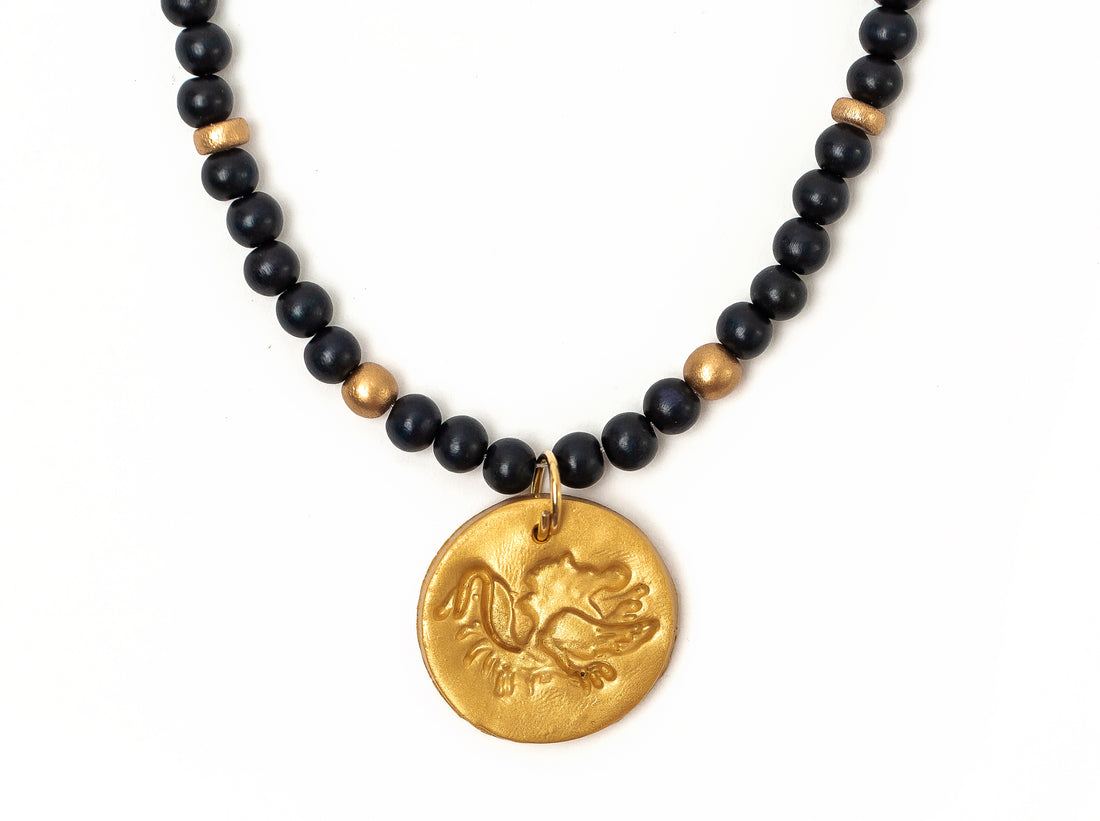 Black Wood with Small Gamecock Medallion Necklace