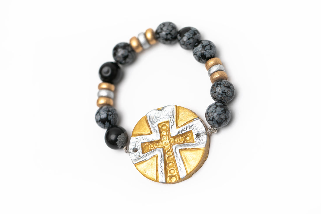 Black Obsidian Jasper with Gold & Silver Leah Cross Bracelet