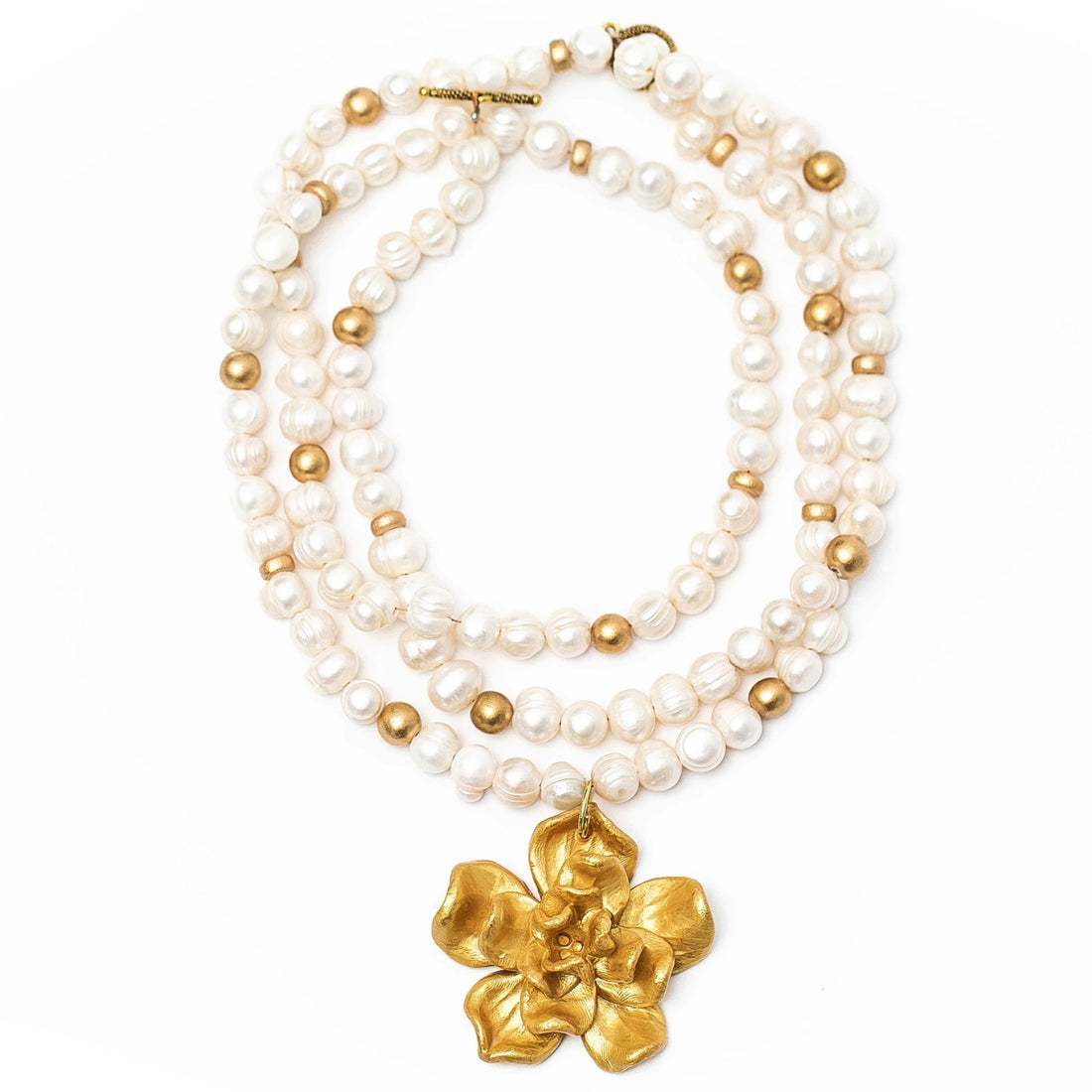 3-Strand Freshwater Pearls with Camellia Blossom