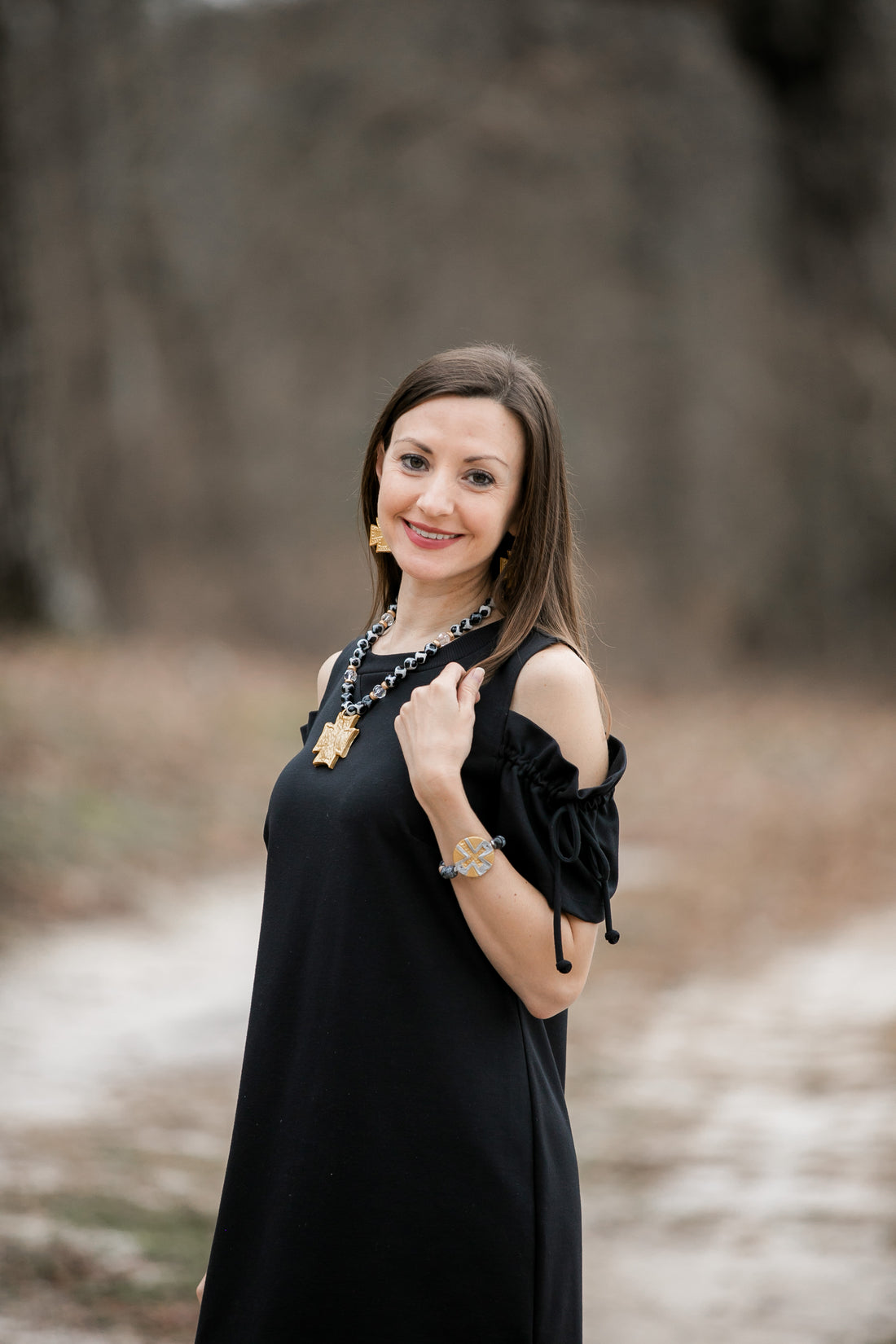 Black Obsidian Jasper with Gold & Silver Leah Cross Bracelet