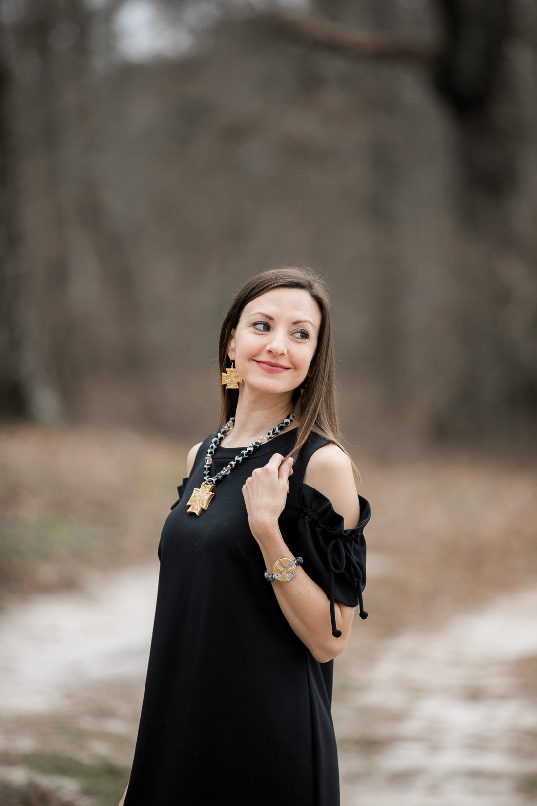 Black Obsidian Jasper with Gold & Silver Leah Cross Bracelet