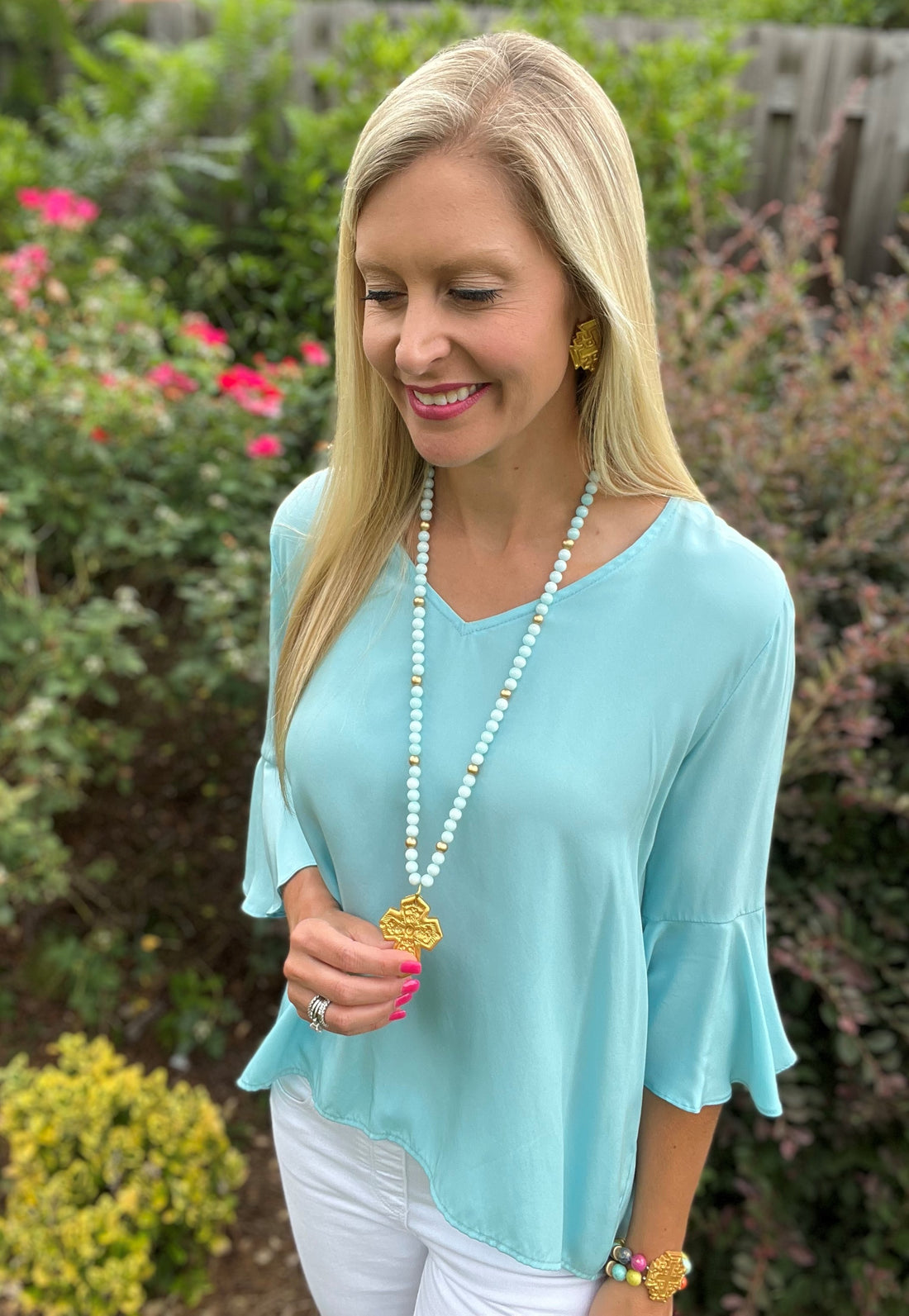 Multicolored Jade Double Strand with Jerusalem Cross Bracelet