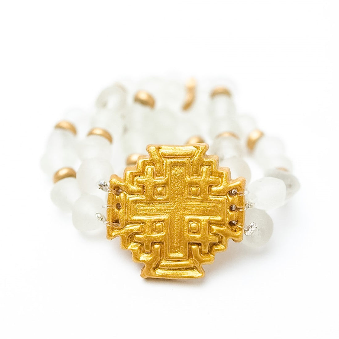 Clear African Glass Triple Strand with Jerusalem Cross Bracelet
