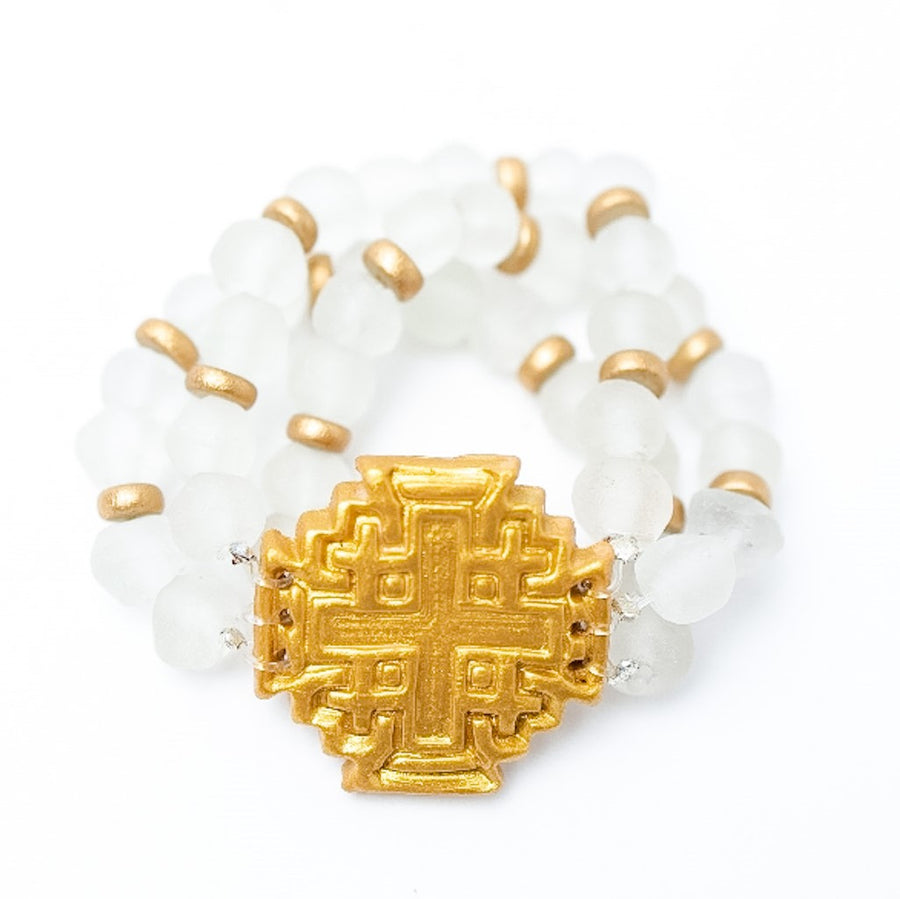 Clear African Glass Triple Strand with Jerusalem Cross Bracelet