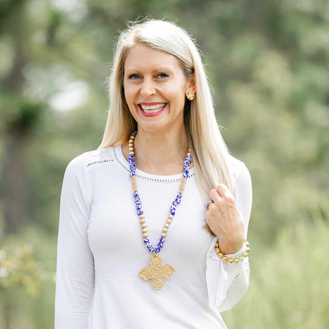 Hidden Truth Jewelry Cobalt Blue African Fused Glass with Lydia Cross Necklace
