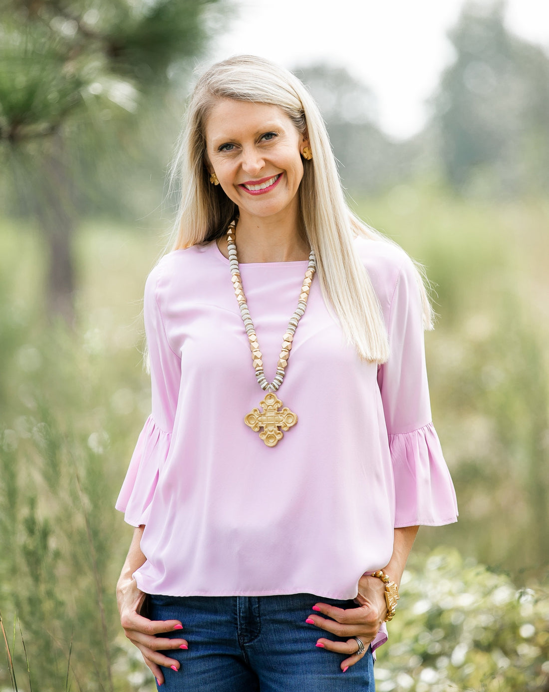 White & Gold African Glass with Esther Cross Necklace