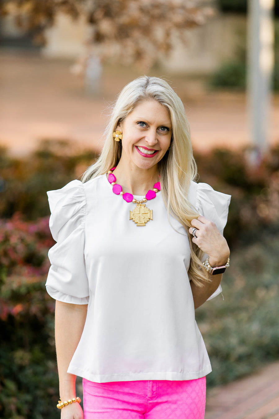 Hot Pink Jade Nuggets with Jerusalem Cross Necklace