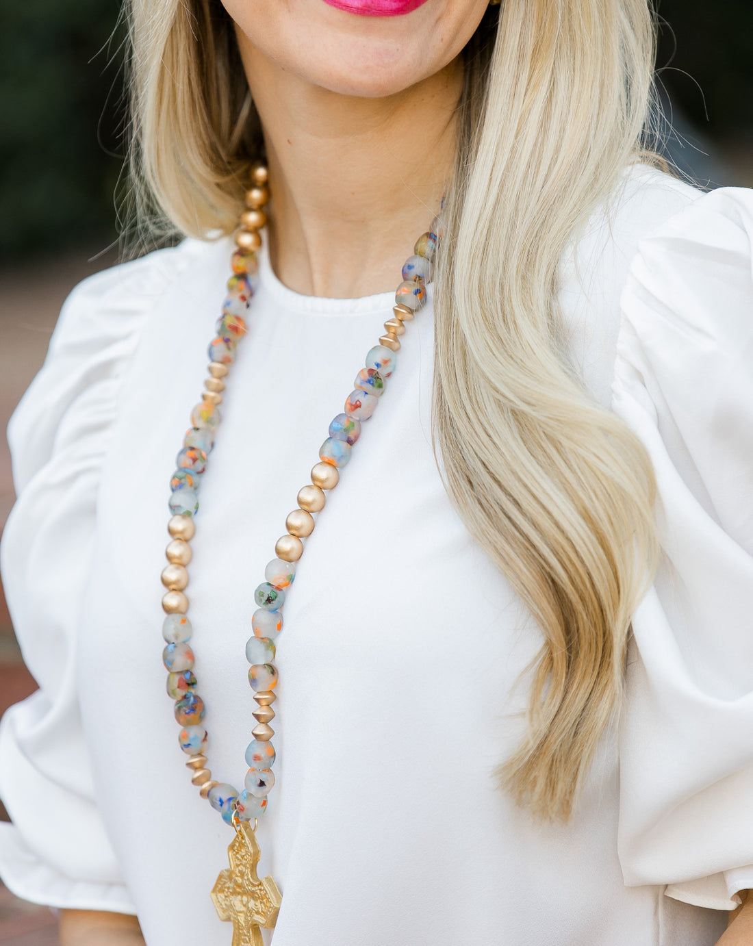 Rainbow Speckled African Recycled Glass with Hidden Truth Cross Necklace