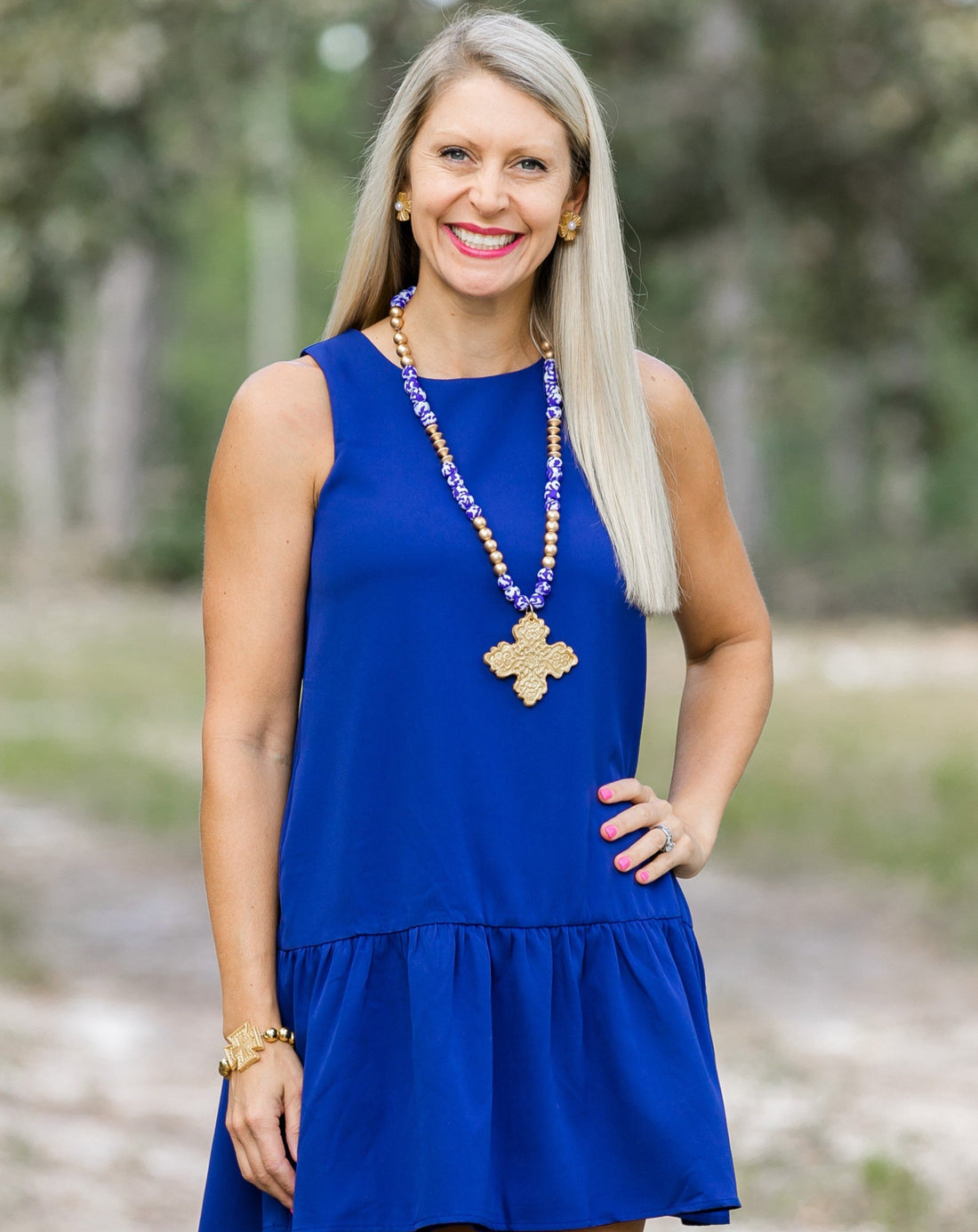 Cobalt Blue African Fused Glass with Lydia Cross Necklace